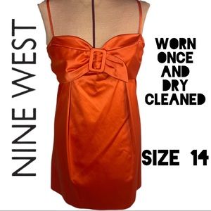 SZ 14 Nine West Orange Satin Cocktail Mini Dress with Buckle Accent Across Bust